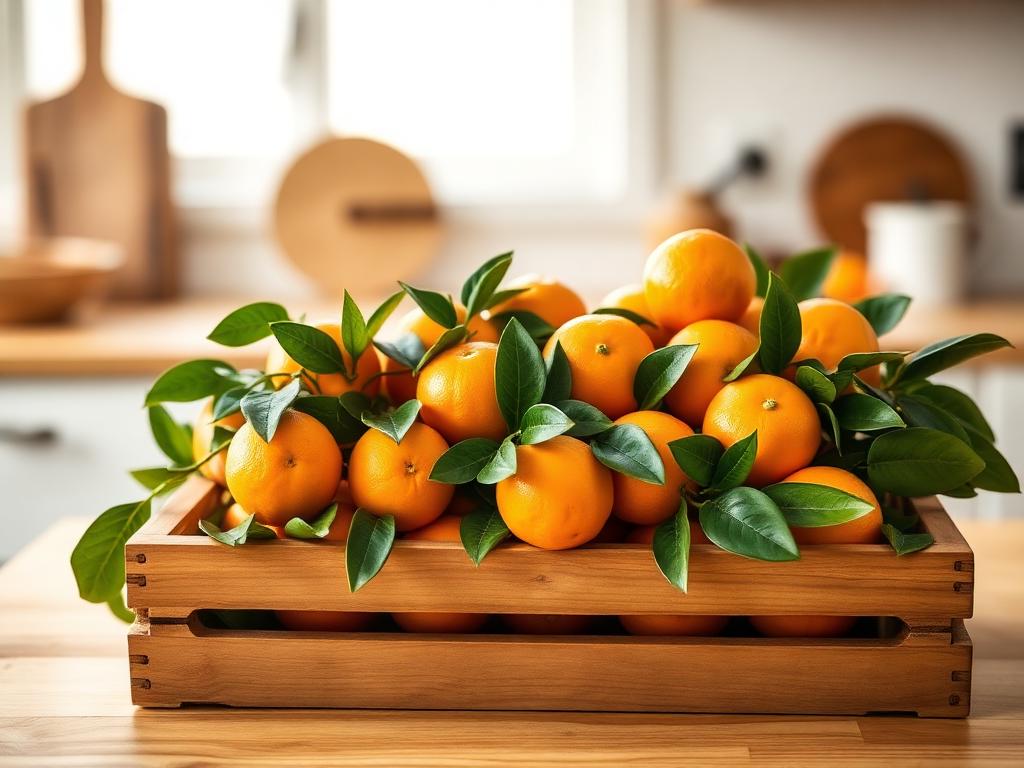 Wooden crate of fresh Calabrian clementines with leaves